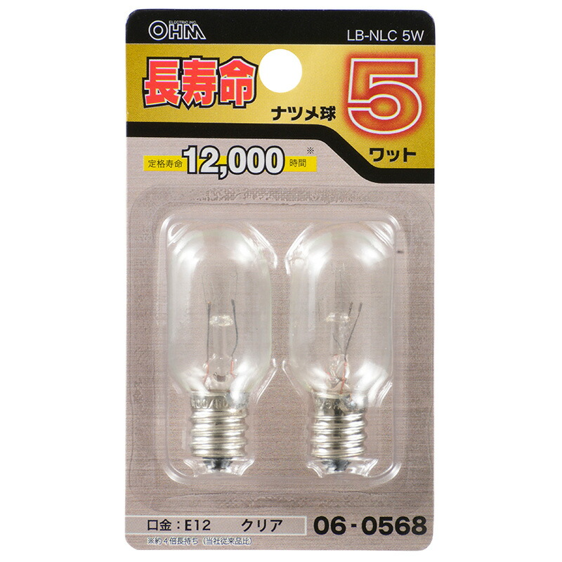 オーム電機 長寿命ナツメ球 E12 5ワット クリア 2個入 LB-NLC5W 品番 06-0568