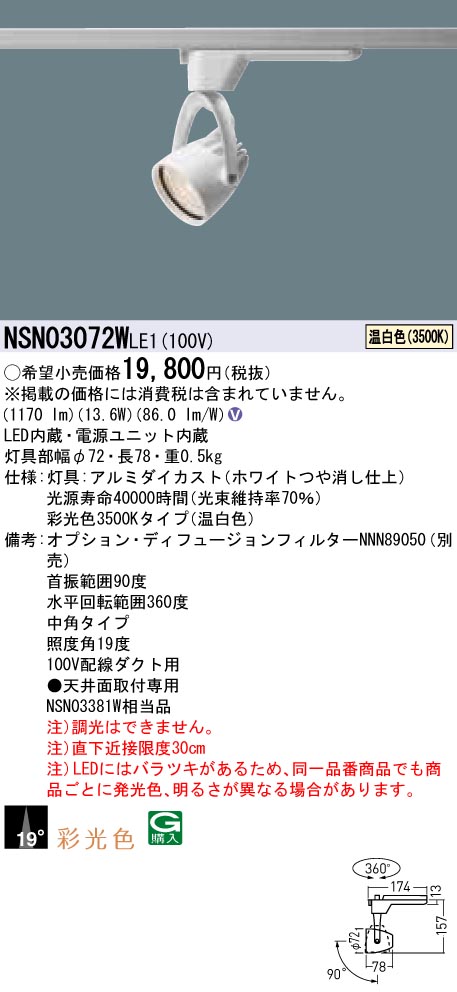 【法人様制限事項】パナソニック NSN03072W LE1 LED注目の的 導線配管取り付き型 彩光色・光束角19度・中角・原則として印字機 温白いこと