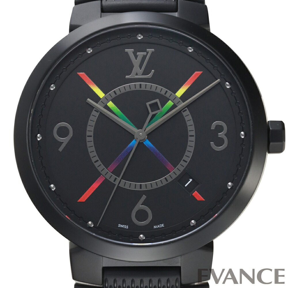 ◆週替りポイントUP◆【中古】 ルイ・ヴィトン タンブール スリム レインボー QA113 ブラック メンズ 【腕時計】【LOUIS VUITTON】|エバンス 店