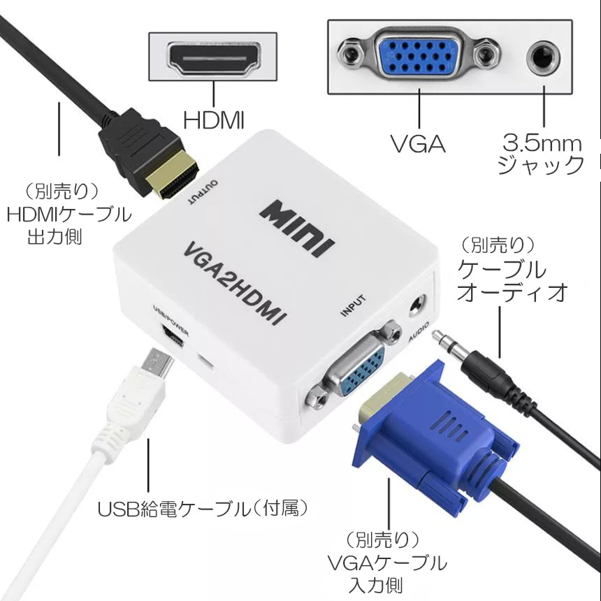 市場 VGA 変換アダプタ 変換コンバーター 1080p USBケーブル付き HDMI出力 変換器 720p対応 HDMI to 入力 VGA-HDMI