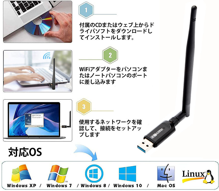 無線LAN WiFi 子機 1200Mbps 867 300Mbps 2.4G 5Ghz 11ac対応 USB3.0 USB アダプター  Adapter デュアルバンド 5dBi外部アンテナを搭載 11ac n g b Windows Mac OS Linux 対応 上品な