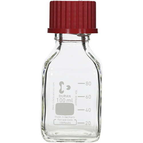 柴田科学 017230-1001A 耐熱ネジ口角瓶 赤キャップ付 100mL 10入|ハカルドットコム 店