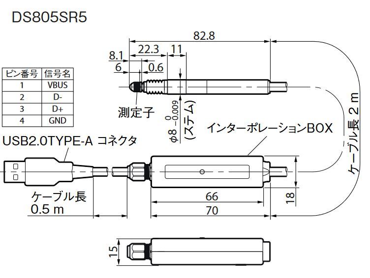 マグネスケール DS805SR5 USB対応デジタルゲージ 測定範囲：5mm ストレート USBゲージ 接触式変位センサー