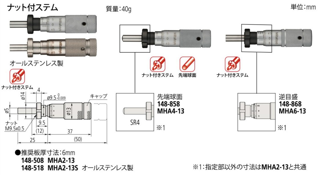 ミツトヨ 148-858 MHA4-13 アナログマイクロメーターヘッド 中毒者付ステム 先っちょ球面(SR4)