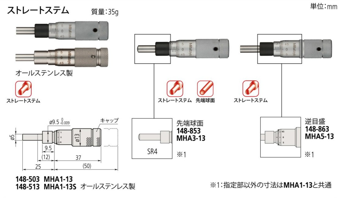 ミツトヨ 148-863 MHA5-13 アナログマイクロメーターヘッド ストレートステム 先っちょ水準(逆目盛)