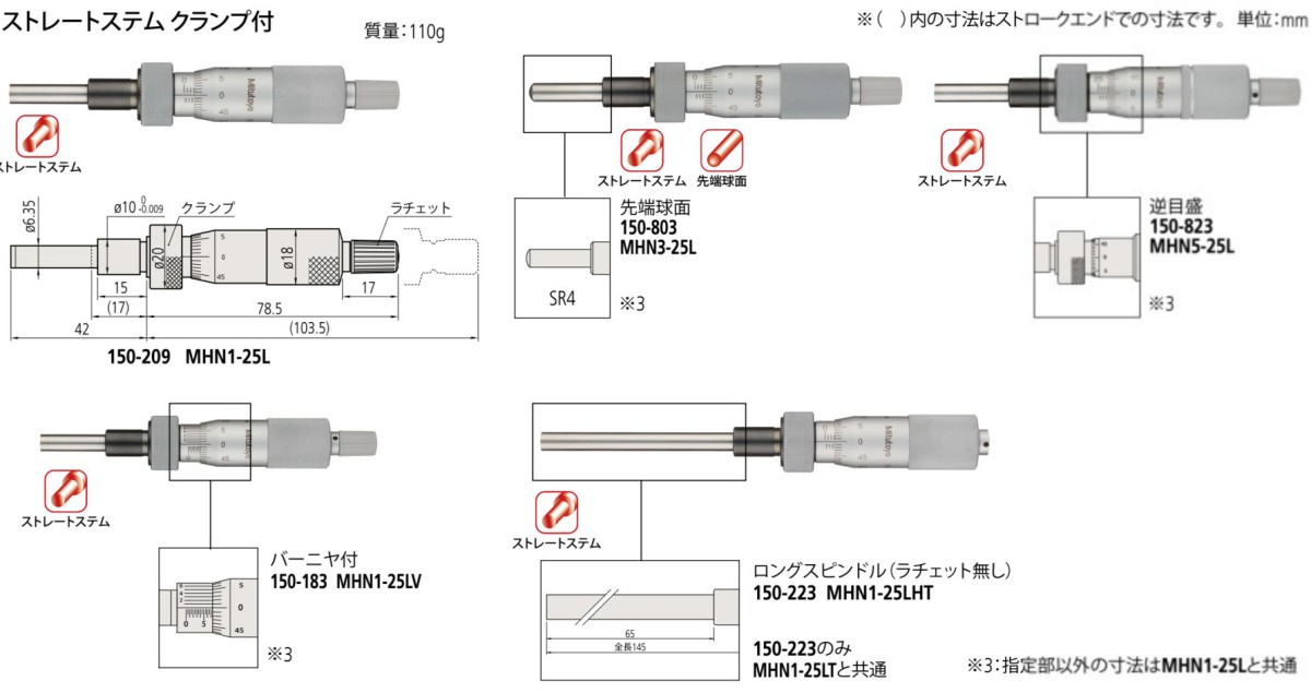 ミツトヨ 150-183 MHN1-25LV アナログマイクロメーターヘッド クランプ付 ストレートステム 先端平面