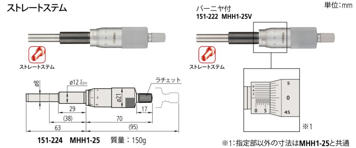 ミツトヨ 151-222 MHH1-25V アナログマイクロメーターヘッド ストレートステム 先端平面 ラチェット付