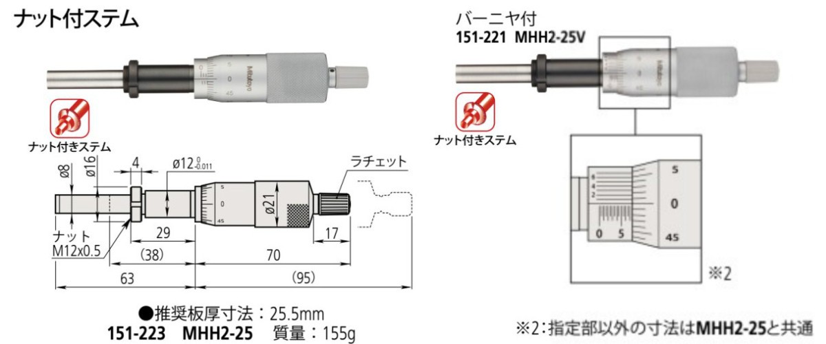 ミツトヨ 151-223 MHH2-25 アナログマイクロメーターヘッド 中毒者付ステム 先っちょ水準 ラチェット付 DIY・工具-花・ガーデン・DIY-マイクロメーター