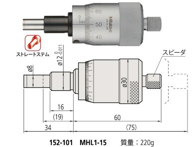 ミツトヨ 152-101 MHL1-15 ミクロメーター上端 高役立つこと形 アナログ ストレートステム 先っちょ水平