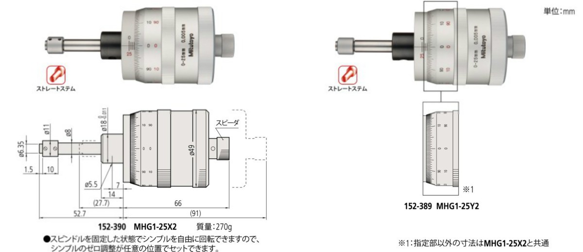 ミツトヨ 152-390 MHG1-25X2 X・Yテーブル専用 アナログマイクロメーターヘッド ストレートステム 先端平面