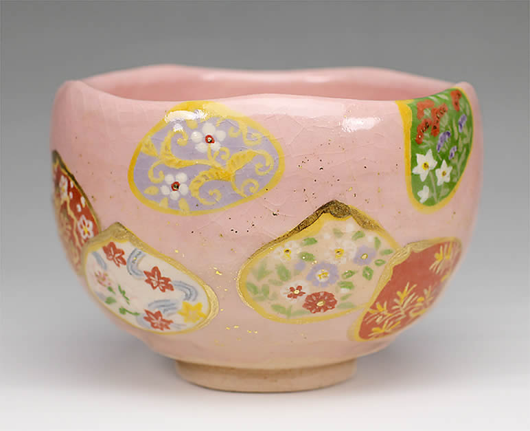 吉村楽入　2015年初春作品　楽入印 貝合わせ四季草花図　茶碗