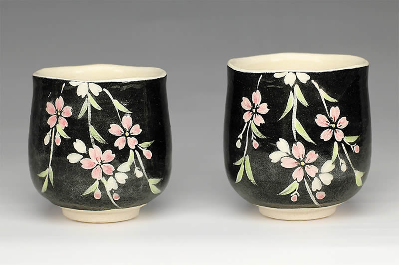 吉村楽入　2015年初春作品 夜桜　夫婦湯呑