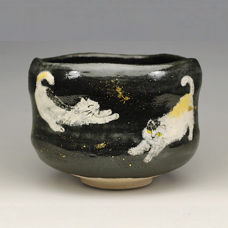 吉村楽入　2022年初春作品　黒釉　猫の絵