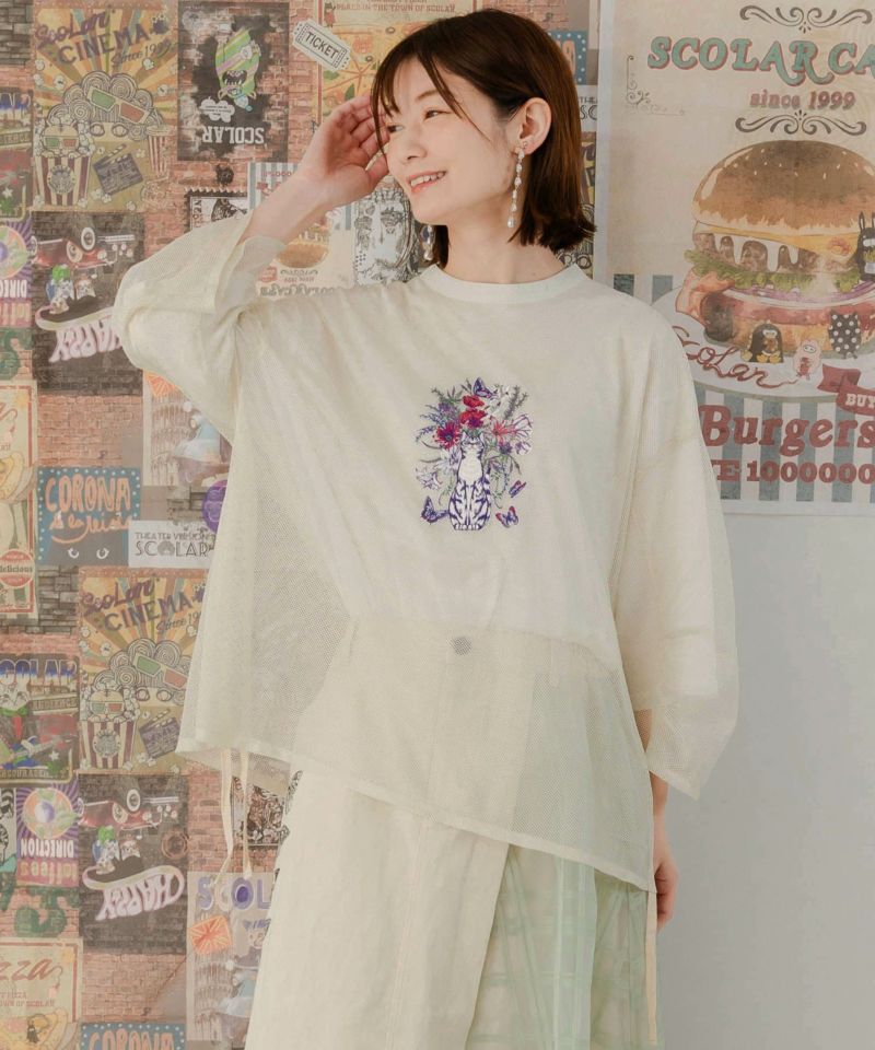 551241：デニム×メッシュプリーツ切替 刺繍入りスカート