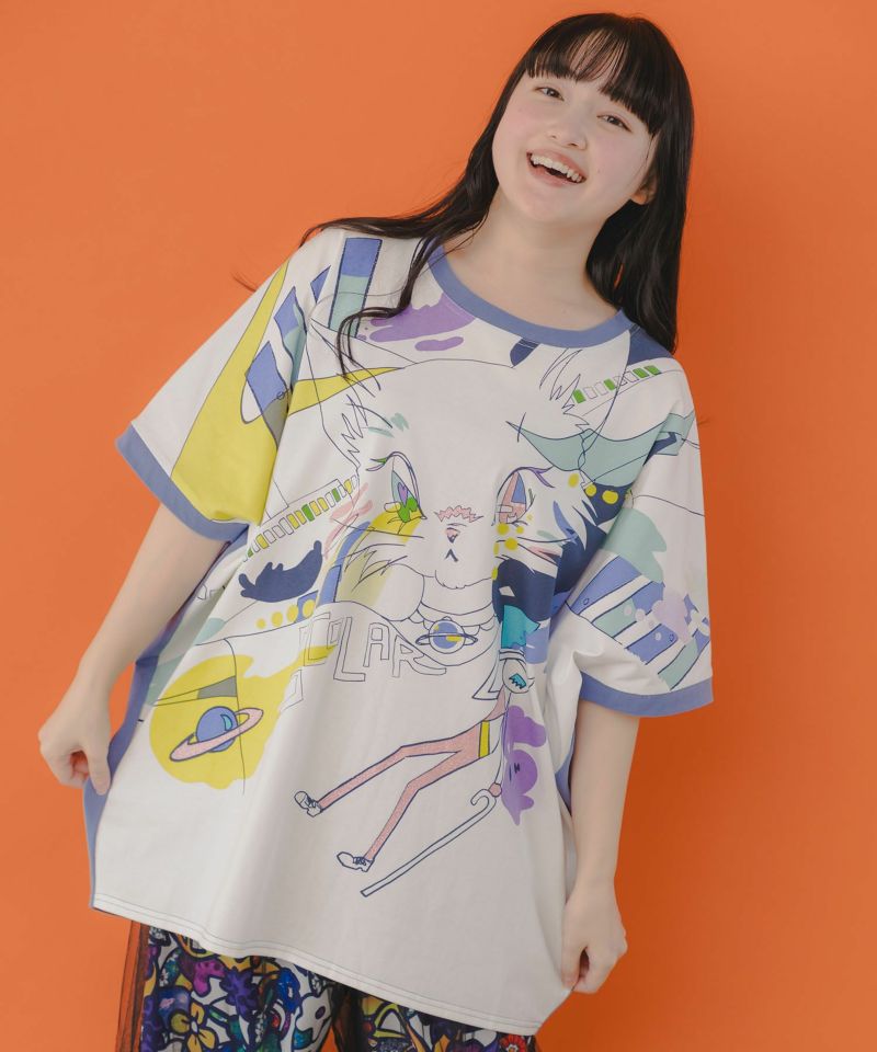 スカラー ScoLar アニメなネコ柄 バイカラー7分袖プルオーバー （イエロー） スカラー ScoLar アニメなネコ柄 バイカラー7分袖プルオーバー