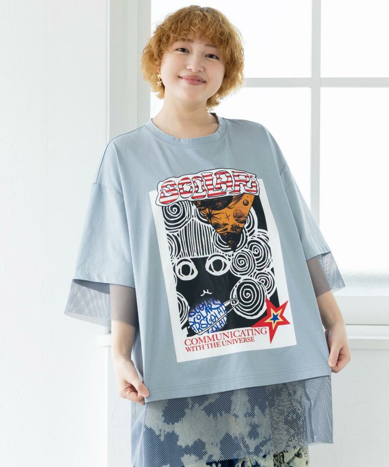 ScoLar スカラー トップス レディース プルオーバー 半袖 SCR ロゴアップリケ ネコ ドット コラージュ柄 リメイク感 152622 蝶柄アップリケ ドット柄切替プルオーバー(505623742
