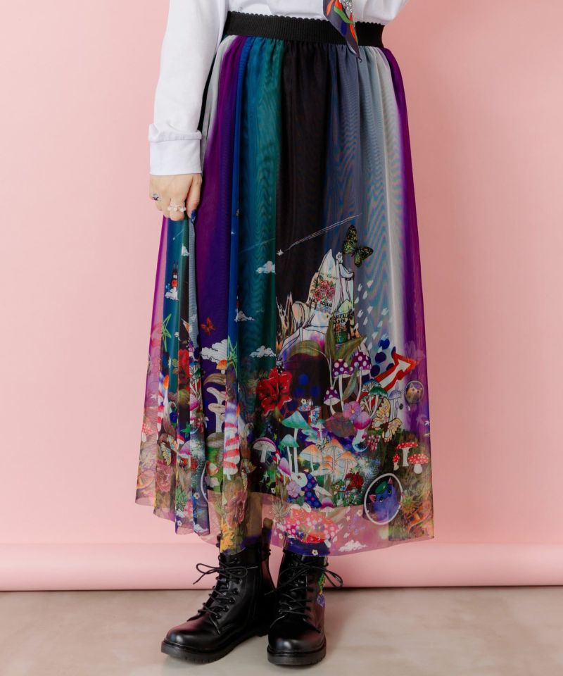 【ScoLar】　スカラー　スカート　ロング丈　総柄　総ゴム　クラゲ　新品未使用 スカラー ScoLar クラゲ宇宙柄プリーツ切替スカート （ブラック