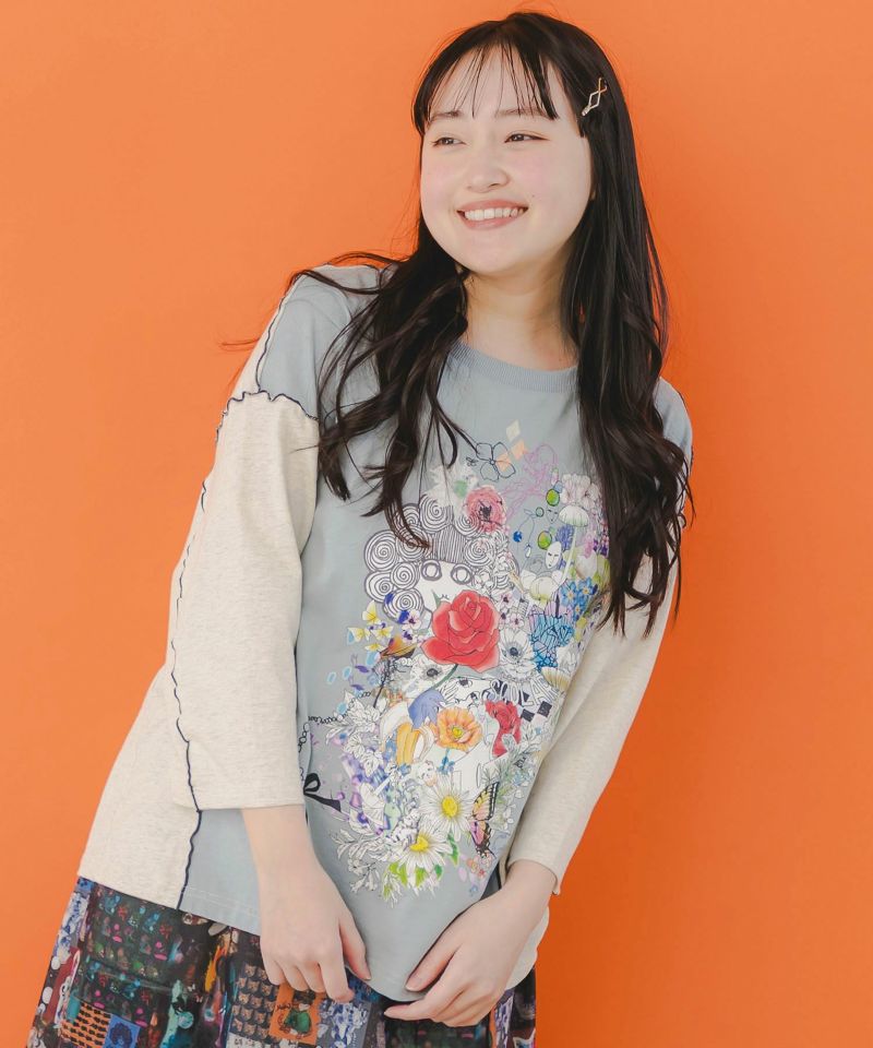 ScoLar スカラー ロゴバッヂ トリックアート柄 Tシャツ 夏 レディース 半袖 おしゃれ 綿混 カットソー ジャケットトリックアート柄 バッヂ付きチュニック[品番