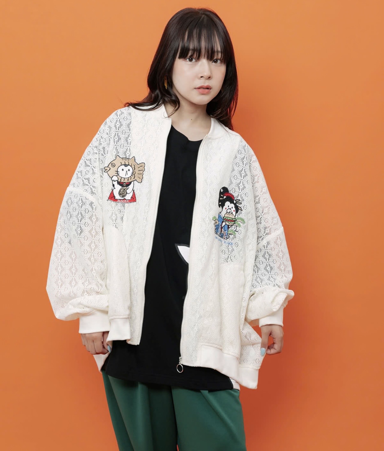 scolar parity スカラーパリティ 362126:招きタイネコ×はんなりクマ 刺繍レースブルゾン|KING BISCUIT TIME