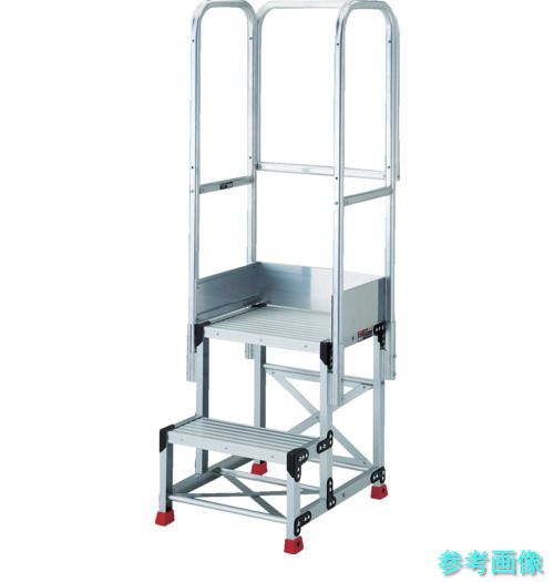 TRUSCO TSFGR-266-TS300 軽銀製進め方用踏台 グレーチングタイプ 2段 高さ0.6m 天板大きさ600×400 段高300粍 天場三方手摺り付き添い人