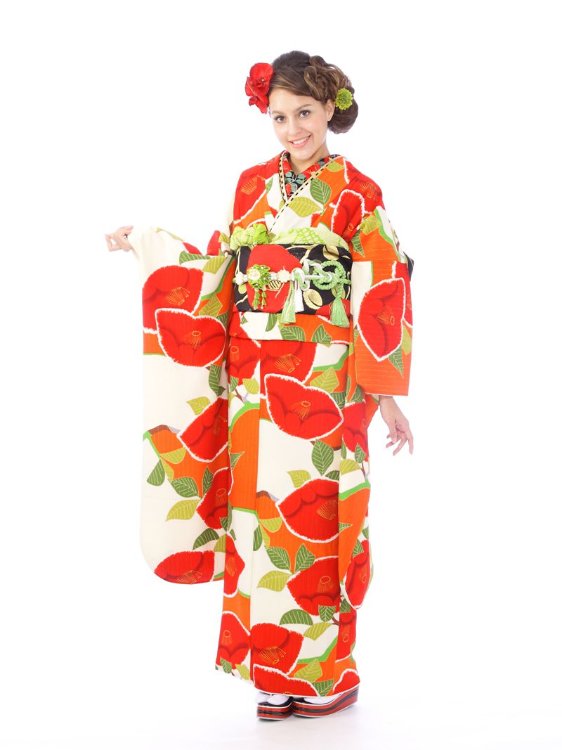 【レンタル】振袖レンタル |1月| 白×オレンジ 結婚式 成人式 結納 卒業式 レンタル着物 振袖 貸衣装 フルセット 小物一式つき 振り袖 送料無料 紅一点 0s0034 ★
