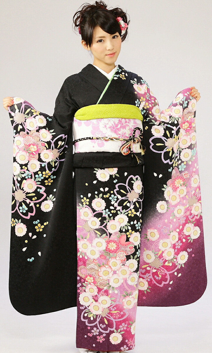 【レンタル】振袖レンタル |1月| 黒地 結婚式 成人式 結納 卒業式 レンタル着物 振袖 貸衣装 フルセット 小物一式つき 振り袖 送料無料 新品足袋プレゼント 5ｓ762 ★