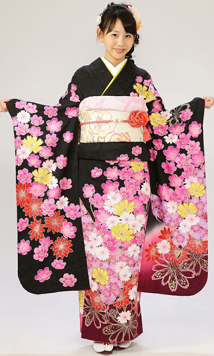 【レンタル】振袖レンタル |1月| 黒地ラメ 結婚式 成人式 結納 卒業式 レンタル着物 振袖 貸衣装 フルセット 小物一式つき 振り袖 送料無料 新品足袋プレゼント 6s412★
