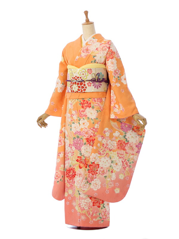 【レンタル】振袖レンタル |2月~12月|オレンジ地 結婚式 成人式 結納 卒業式 レンタル着物 振袖 貸衣装 フルセット 小物一式つき 振り袖 送料無料 新品足袋プレゼント 6S059|e-きものレンタル 店