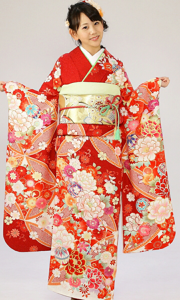 【レンタル】振袖レンタル |2月～12月| 7S416 赤地 結婚式 成人式 結納 卒業式 レンタル着物 振袖 貸衣装 フルセット 小物一式つき 振り袖 送料無料 新品足袋プレゼント ★