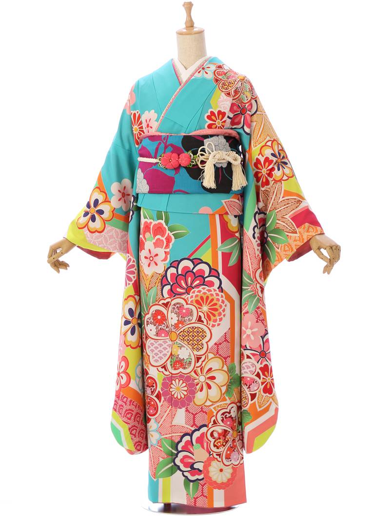 【レンタル】振袖レンタル |1月| 結婚式 成人式 卒業式 レンタル着物 振袖 フルセット 小物 振り袖 | 十三参り 華紋柄 ターコイズ 着物 きもの セット 小物セット 帯揚げ 半衿 振り袖レンタル 帯締め [0S0107]｜e-きものレンタル　店