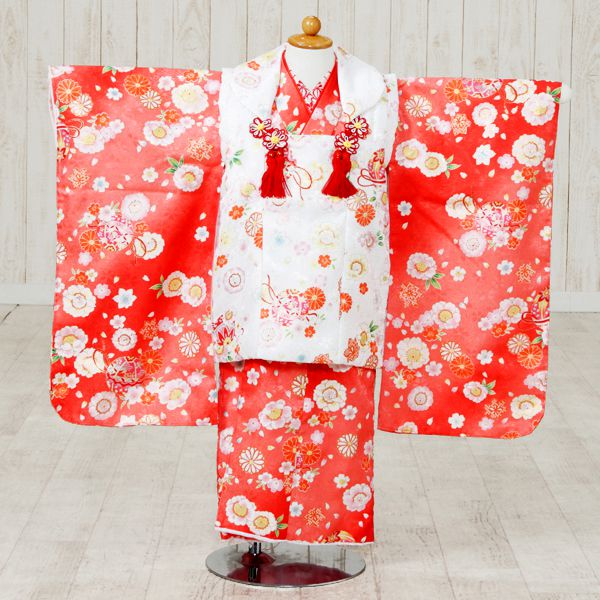【レンタル】桜と鞠 被布：白 着物：朱赤地 七五三 ３歳着物レンタル 七五三 着物 七五三 被布 貸衣装 往復送料無料 七五三フルセット付 簡単な着せ方マニュアル付 結婚式 h-232