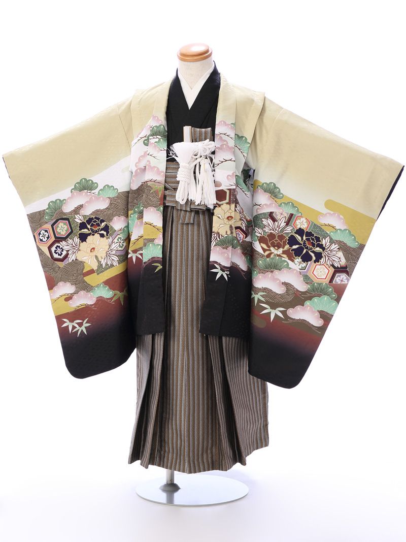 【レンタル】羽織:金茶地 鷹 扇面 松 着物:黒 袴:黄土 縄縞七五三 レンタル七五三 5歳男の子七五三 着物 送料無料代引き手数料無料７５３レンタル小物一式つき七五三 フルセットe-5-019 8,960円
