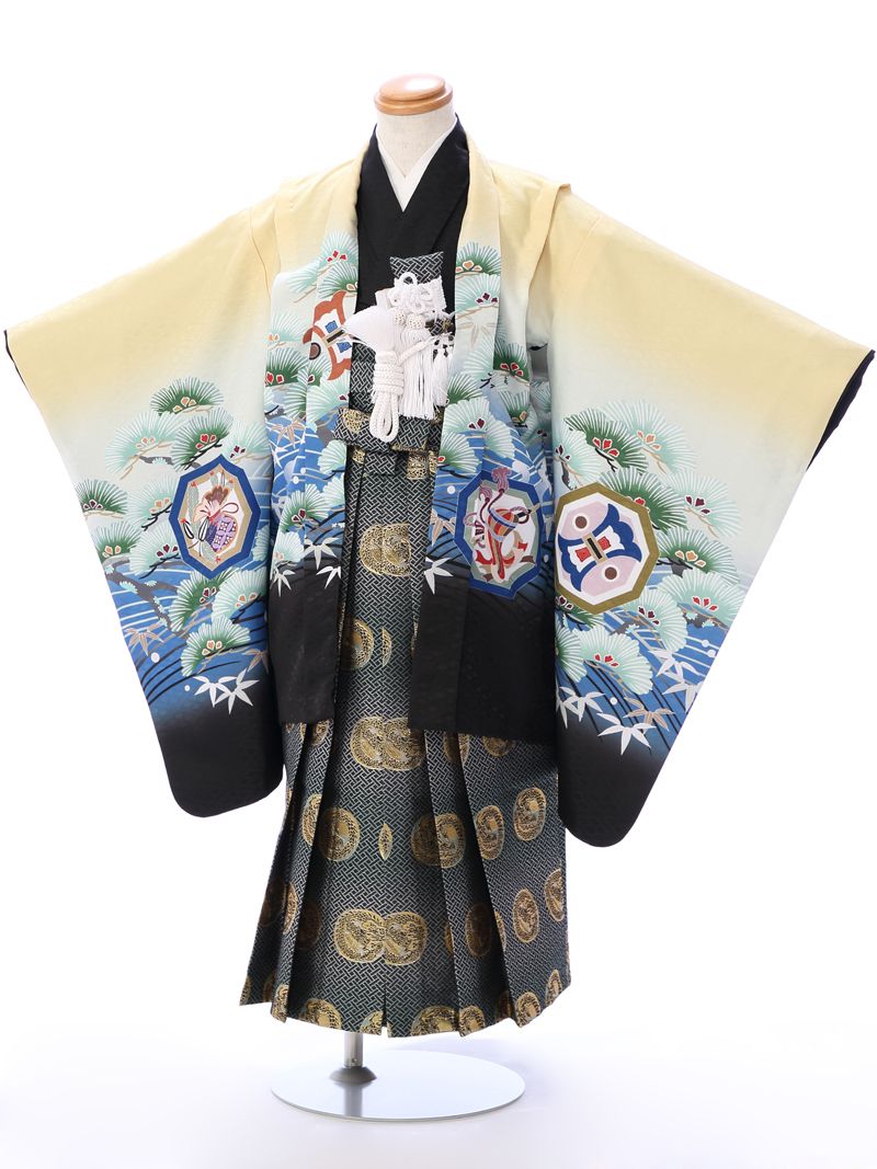 【レンタル】羽織:薄黄色 鷹に松 青海波 着物:黒 袴:グレー 金龍丸紋七五三 レンタル七五三 5歳男の子七五三 着物 送料無料代引き手数料無料７５３レンタル小物一式つき七五三 フルセットe-5-020