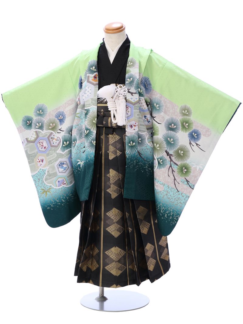 【レンタル】羽織:黄緑地 兜 若松 着物:黒 袴:黒地 菱に有職紋 七五三 レンタル七五三 5歳男の子七五三 着物 送料無料代引き手数料無料７５３レンタル小物一式つき七五三 フルセットe-5-025