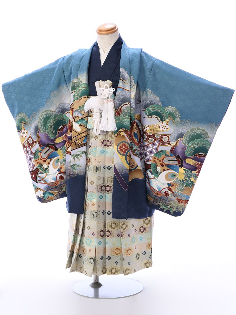 【レンタル】羽織:ブルーグレー 鷹 着物:紺 袴:mix地 亀甲 金花菱七五三 レンタル七五三 5歳男の子七五三 着物往復送料無料代引き手数料無料小物一式つき七五三 フルセットe-5-931