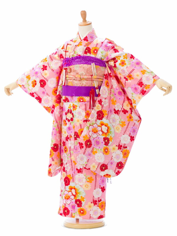 e-7-871 ブランド 椿姫 ピンク地 桜地紋 花輪に熨斗目 七五三 7歳 女の子 着物 お揃い 七五三フルセット付 簡単な着せ方マニュアル付 結婚式 レンタルブランド[椿姫] ピンク地 桜地紋 花輪に熨斗目