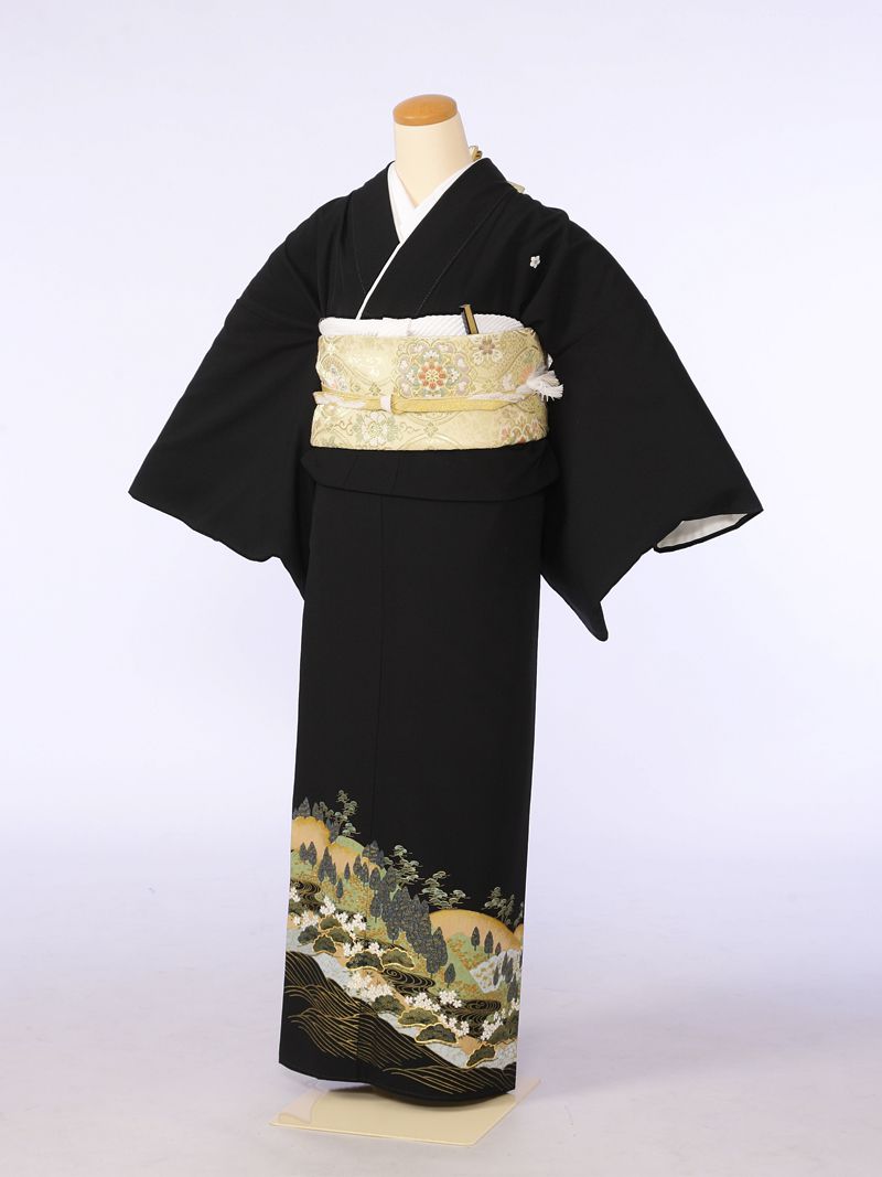 【レンタル】 留袖レンタルフルセット Lサイズ 大きいサイズ 147cm～157cm 13号～17号 黒留袖 レンタル 結婚式 母親 和服 列席 親族 留袖 送料無料 新品足袋プレゼント 小物一式つき 結婚式 正装 和服 78A054