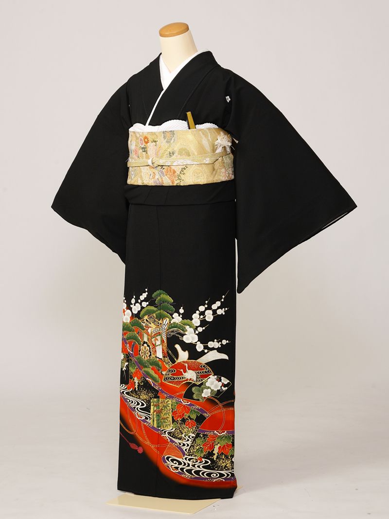【レンタル】 留袖レンタルフルセット Mサイズ 黒留袖 レンタル 結婚式 母親 和服 列席 親族 留袖 149cm~159cm ~11号 送料無料 新品足袋プレゼント 小物一式つき 五つ紋 五三桐 結婚式 正装 和服 74A276