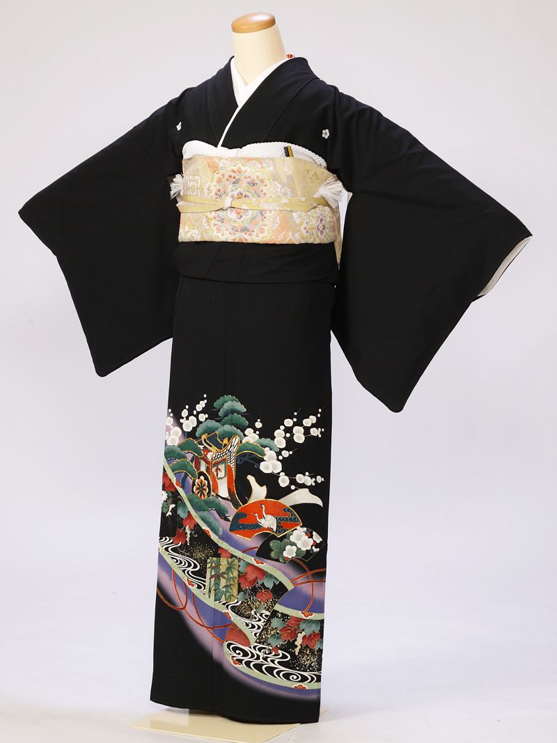 【レンタル】 留袖レンタルフルセット Mサイズ 黒留袖 レンタル 結婚式 母親 和服 列席 親族 留袖 146cm～156cm ～11号 送料無料 新品足袋プレゼント 小物一式つき 五つ紋 五三桐 結婚式 正装 和服 34A044