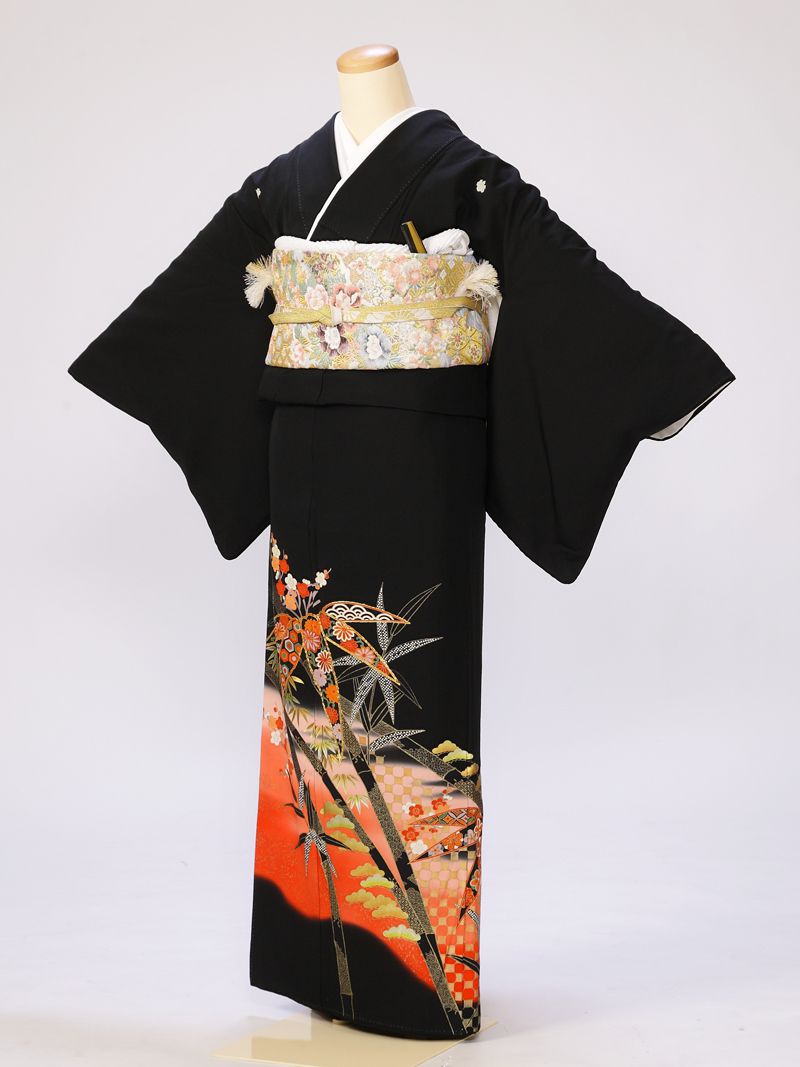 【レンタル】 留袖レンタルフルセット Mサイズ 黒留袖 レンタル 結婚式 母親 和服 列席 親族 留袖 142cm～152cm ～11号 送料無料 新品足袋プレゼント 小物一式つき 五つ紋 五三桐 結婚式 正装 和服 3A487