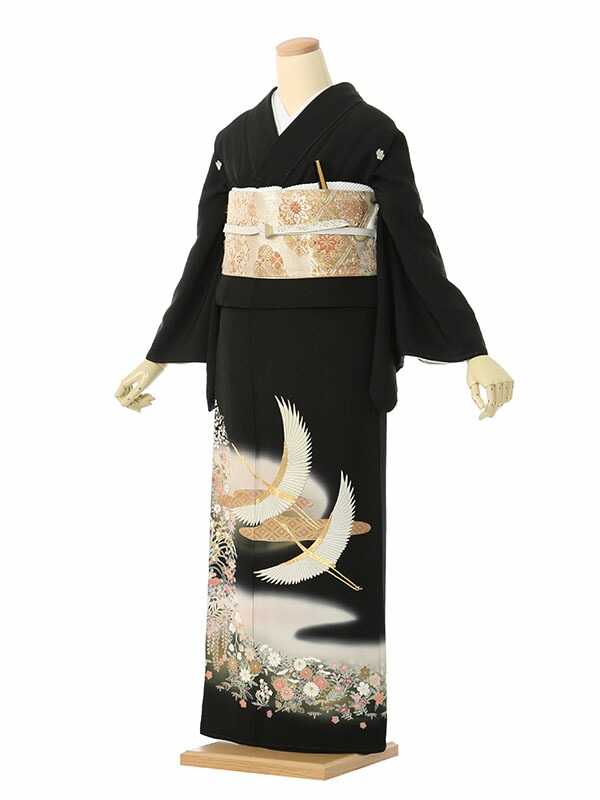 【レンタル】留袖 レンタル フルセット Lサイズ 155cm～162cm 13号～17号 黒留袖 レンタル 50代 60代 末広付 結婚式 母親 和服 列席 親族 着物 送料無料 新品足袋プレゼント 小物一式付 草履バッグセット付 五つ紋 五三桐 結婚式 正装 和服 お値打ち 仲人 74A130