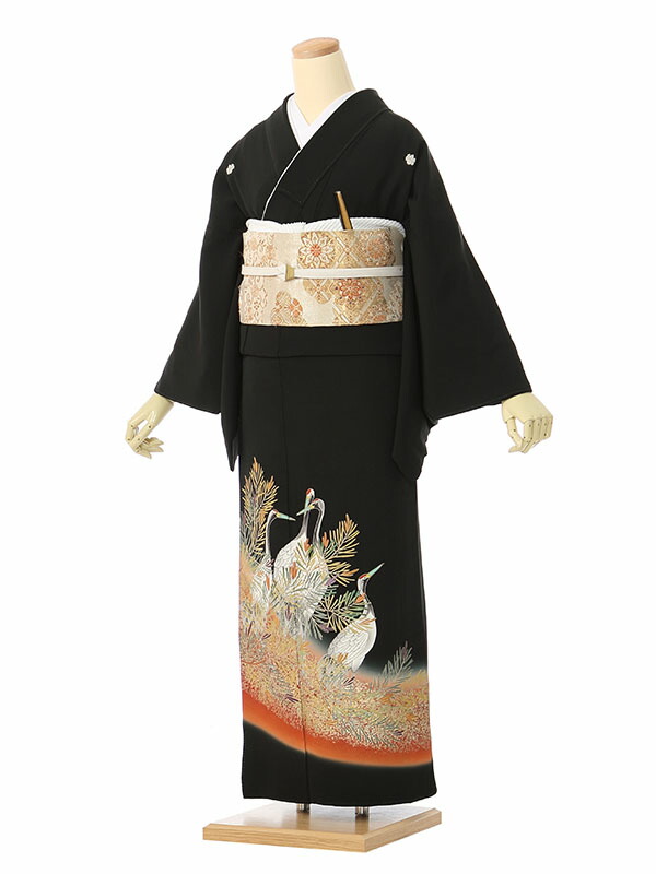 【レンタル】留袖 レンタル フルセット Mサイズ 150cm～158cm 13号まで 黒留袖 レンタル 50代 60代 末広付 結婚式 母親 和服 列席 親族 着物 送料無料 新品足袋プレゼント 小物一式付 草履バッグセット付 五つ紋 五三桐 結婚式 正装 和服 お値打ち 仲人 4K487｜e-きものレンタル　店