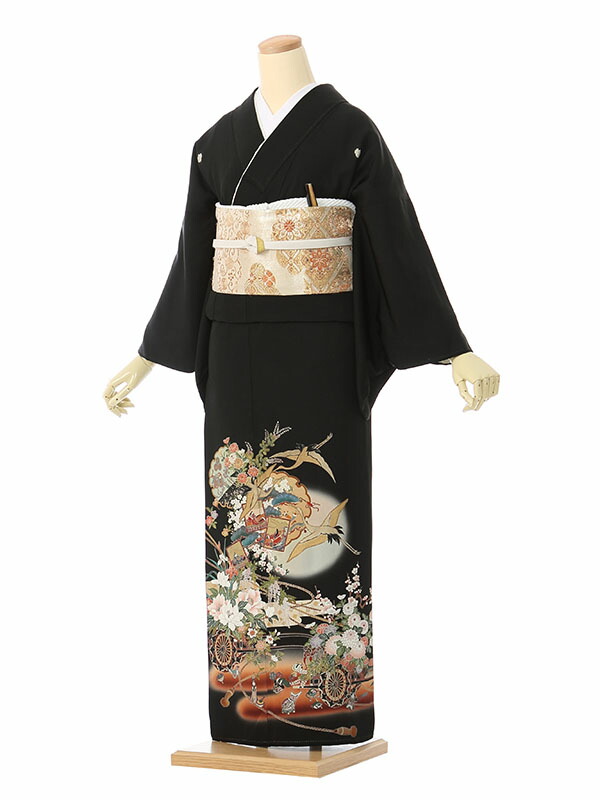 【レンタル】留袖 レンタル フルセット Mサイズ 145cm～155cm 13号まで 黒留袖 レンタル 50代 60代 末広付 結婚式 母親 和服 列席 親族 着物 送料無料 新品足袋プレゼント 小物一式付 草履バッグセット付 五つ紋 五三桐 結婚式 正装 和服 お値打ち 仲人 74A245｜e-きものレンタル　店