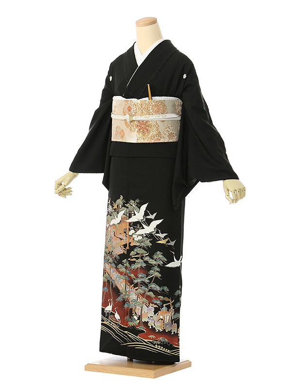 【レンタル】留袖 レンタル フルセット Mサイズ 150cm～160cm 13号まで 黒留袖 レンタル 50代 60代 末広付 結婚式 母親 和服 列席 親族 着物 送料無料 新品足袋プレゼント 小物一式付 草履バッグセット付 五つ紋 五三桐 結婚式 正装 和服 お値打ち 仲人 34A051｜e-きものレンタル　店
