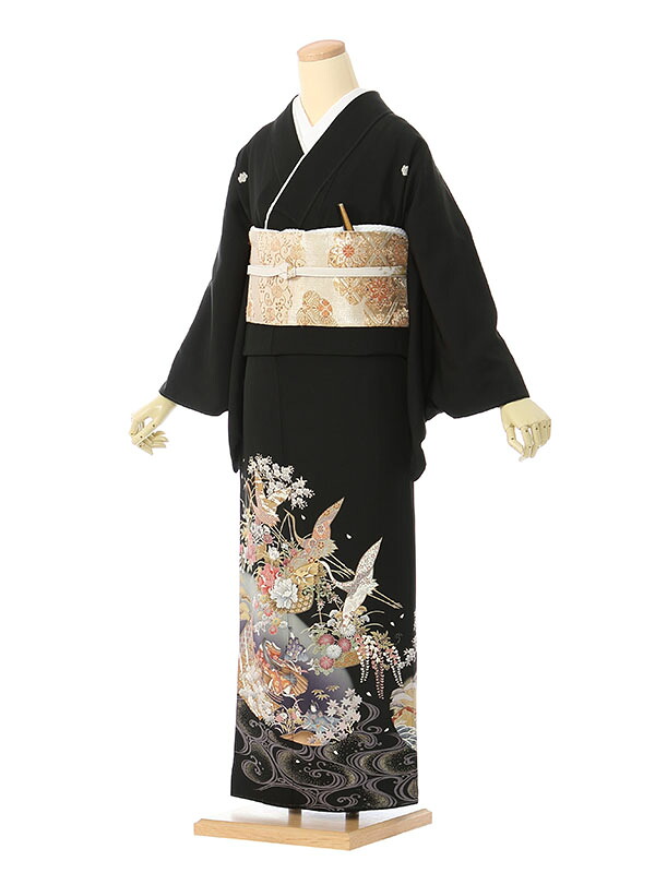 【レンタル】留袖 レンタル フルセット Mサイズ 150cm～160cm 13号まで 黒留袖 レンタル 50代 60代 末広付 結婚式 母親 和服 列席 親族 着物 送料無料 新品足袋プレゼント 小物一式付 草履バッグセット付 五つ紋 五三桐 結婚式 正装 和服 お値打ち 仲人 74A288