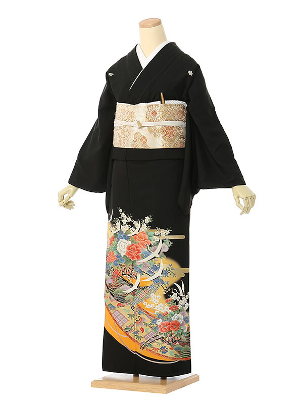 【レンタル】留袖 レンタル フルセット Mサイズ 150cm～158cm 13号まで 黒留袖 レンタル 40代 50代 末広付 結婚式 母親 和服 列席 親族 着物 送料無料 新品足袋プレゼント 小物一式付 草履バッグセット付 五つ紋 五三桐 結婚式 正装 和服 お値打ち 仲人 4A1128｜e-きものレンタル　店