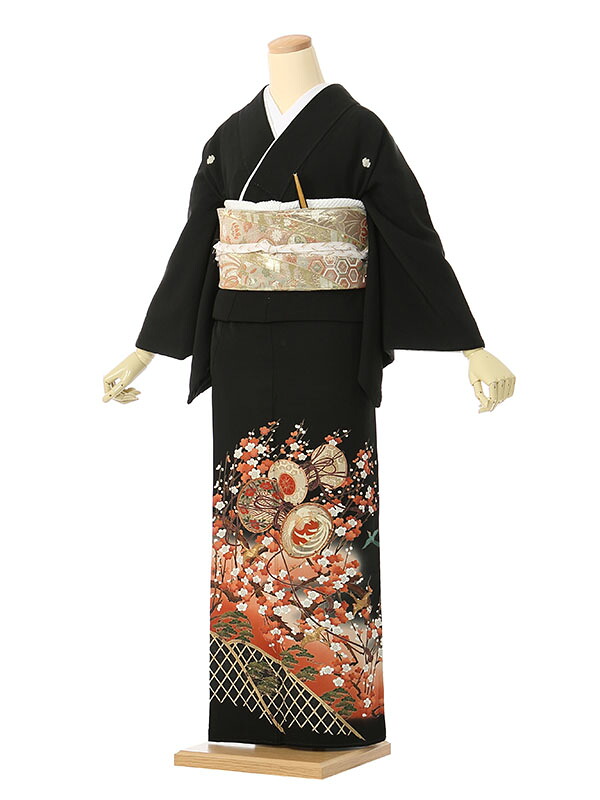 【レンタル】留袖 レンタル フルセット Mサイズ 140cm～150cm 13号まで 黒留袖 レンタル 40代 50代 末広付 結婚式 母親 和服 列席 親族 着物 送料無料 新品足袋プレゼント 小物一式付 草履バッグセット付 五つ紋 五三桐 結婚式 正装 和服 お値打ち 仲人 73A019｜e-きものレンタル　店