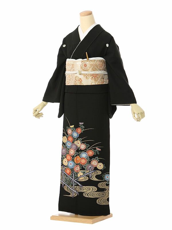 【レンタル】留袖 レンタル フルセット Mサイズ 145cm～155cm 13号まで 黒留袖 レンタル 50代 60代 末広付 結婚式 母親 和服 列席 親族 着物 送料無料 新品足袋プレゼント 小物一式付 草履バッグセット付 五つ紋 五三桐 結婚式 正装 和服 お値打ち 仲人 4K146｜e-きものレンタル　店