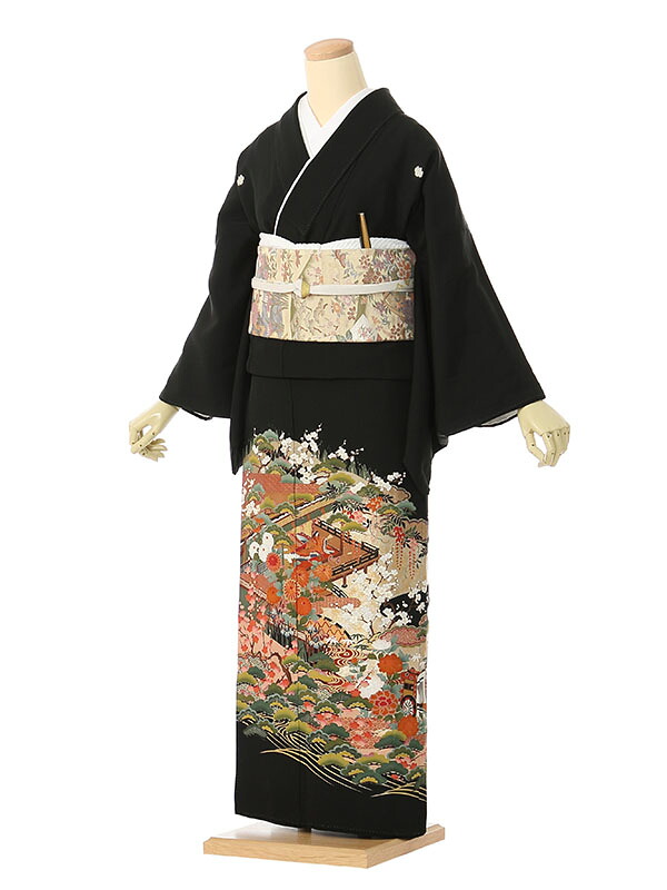 【レンタル】留袖 レンタル フルセット Mサイズ 145cm~155cm 13号まで 黒留袖 レンタル 50代 60代 末広付 結婚式 母親 和服 列席 親族 着物 送料無料 新品足袋プレゼント 小物一式付 草履バッグセット付 五つ紋 五三桐 結婚式 正装 和服 お値打ち 仲人 34A123|e-きものレンタル 店