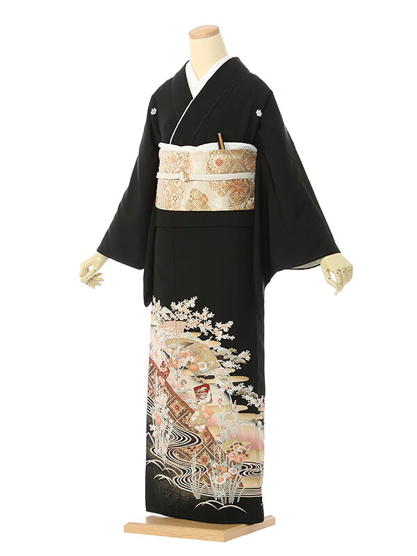【レンタル】留袖 レンタル フルセット Mサイズ 150cm～156cm 13号まで 黒留袖 レンタル 50代 60代 末広付 結婚式 母親 和服 列席 親族 着物 送料無料 新品足袋プレゼント 小物一式付 草履バッグセット付 五つ紋 五三桐 結婚式 正装 和服 お値打ち 仲人 4K460 19,800円